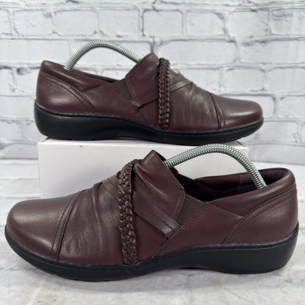 Clarks Womens Cora Braid Loafer Size 11 M Burgundy Leather Slip On Shoe Flat